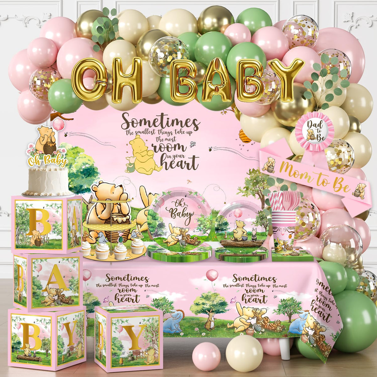 Cocomigo pink bear balloon arch creates a charming centerpiece for a baby shower