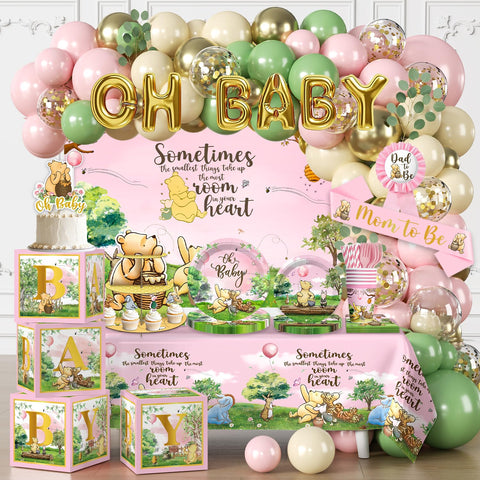 Cocomigo pink bear balloon arch creates a charming centerpiece for a baby shower