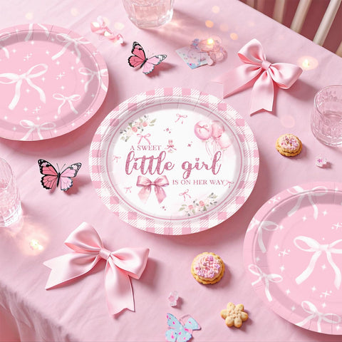Cocomigo pink bow tableware set for 20 guests simplifies party cleanup