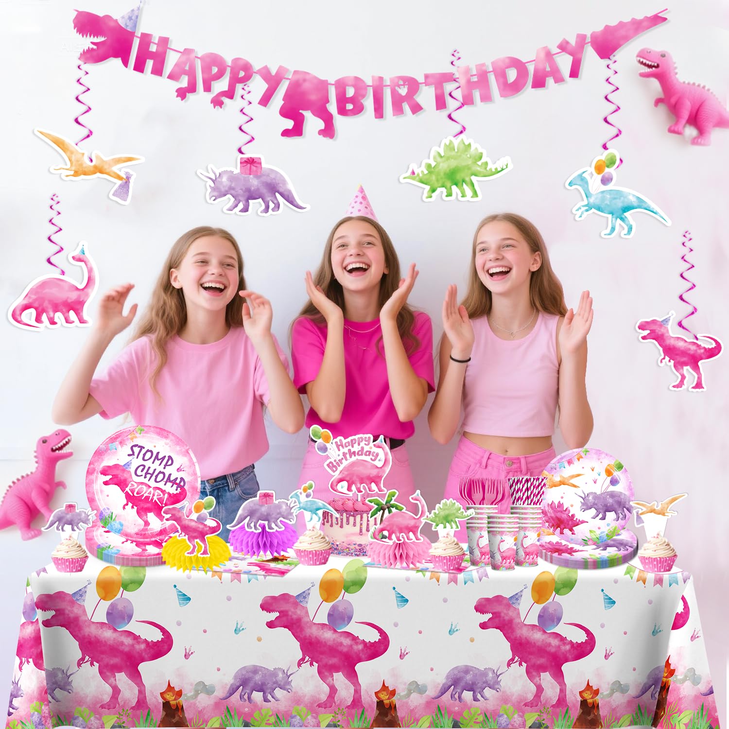 Cocomigo pink dinosaur centerpieces create charming table focal points