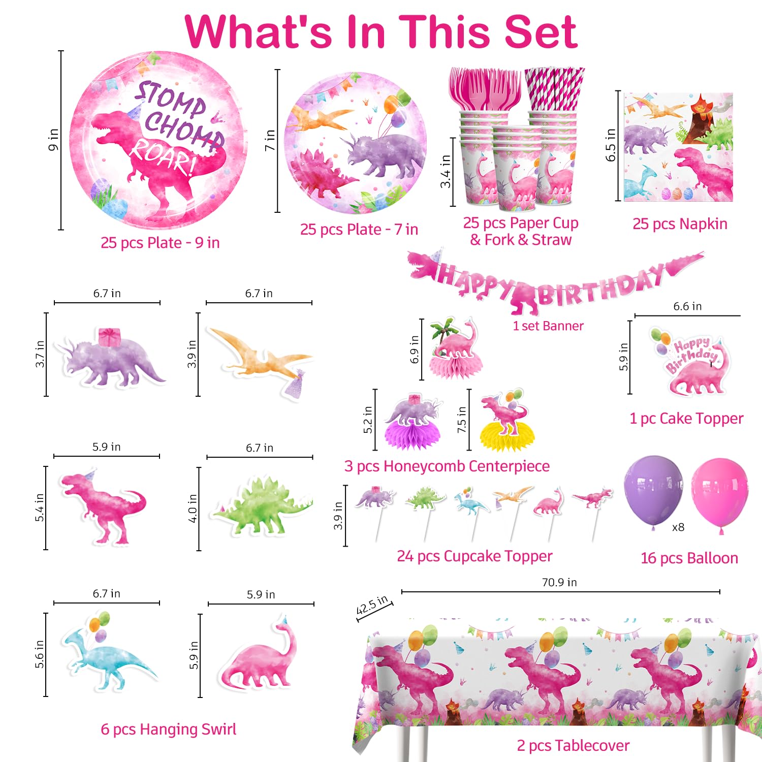 Cocomigo pink dinosaur hanging swirls with cutouts create a playful party backdrop