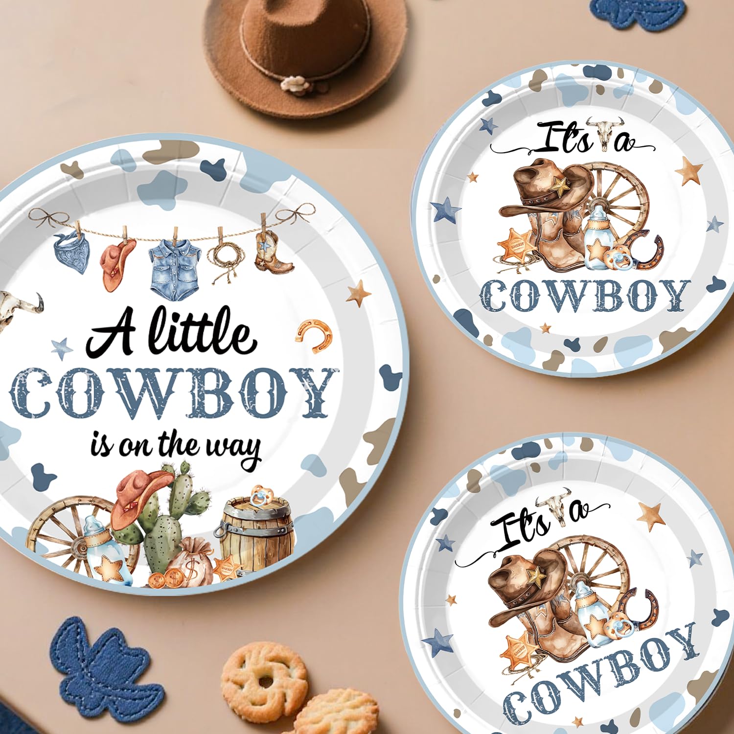 cocomigo cowboy baby shower plates in 7 and 9 inches provide sturdy dining options