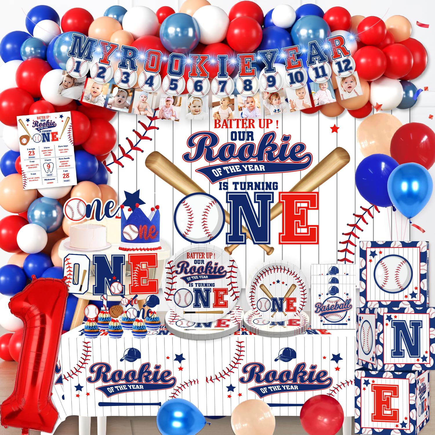 Cocomigo Rookie Year balloon arch creates a festive focal point for a boy's first birthday.