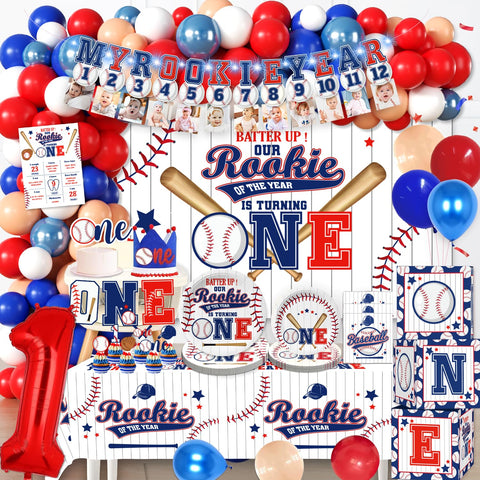 Cocomigo Rookie Year balloon arch creates a festive focal point for a boy's first birthday.