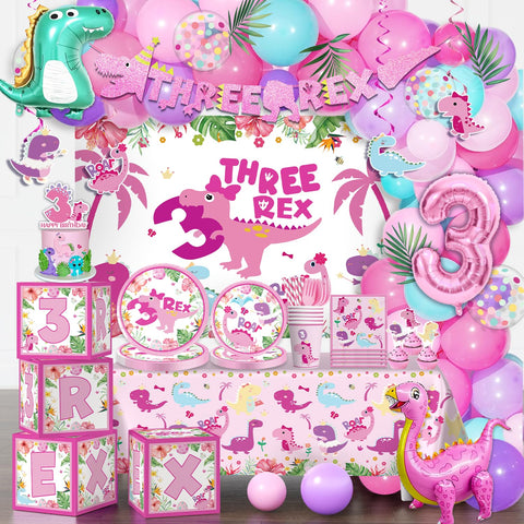 Cocomigo Three Rex banner enhances the pink dinosaur party backdrop for photos.