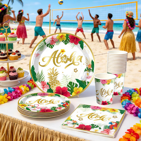 Tiki-style direction signs guide guests to key spots at the party.