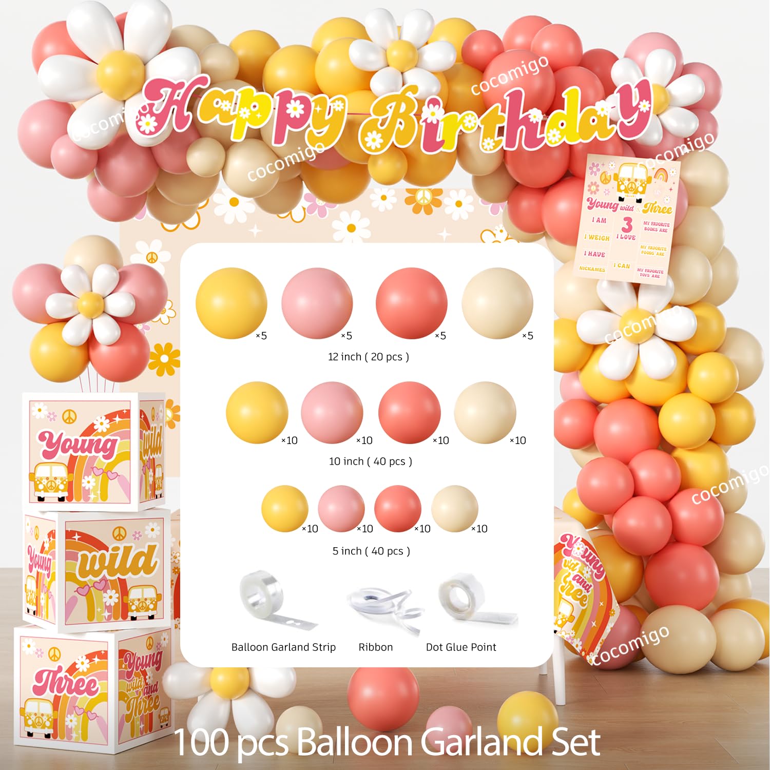 Cocomigo Young Wild and Three balloon boxes provide decorative height and reuse potential.