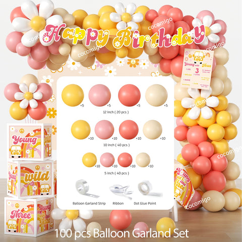 Cocomigo Young Wild and Three balloon boxes provide decorative height and reuse potential.