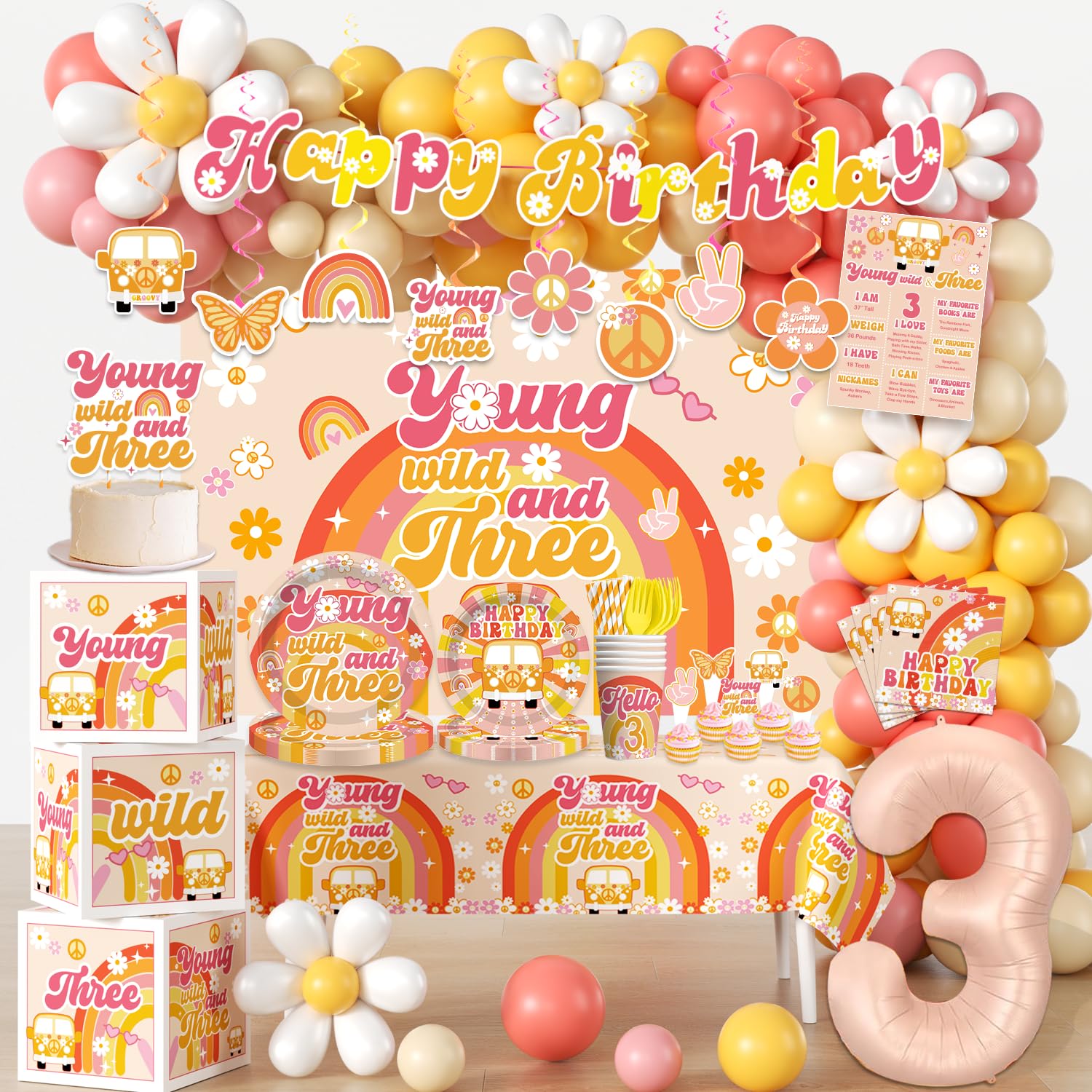 Cocomigo Young Wild and Three banner for a vibrant 3rd birthday backdrop.