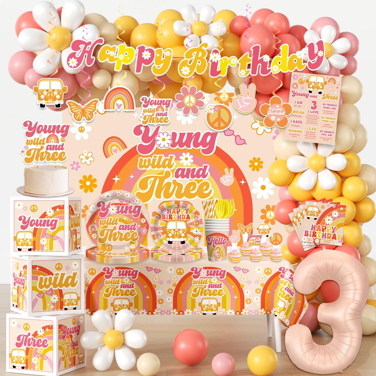 Cocomigo Young Wild and Three banner for a vibrant 3rd birthday backdrop.