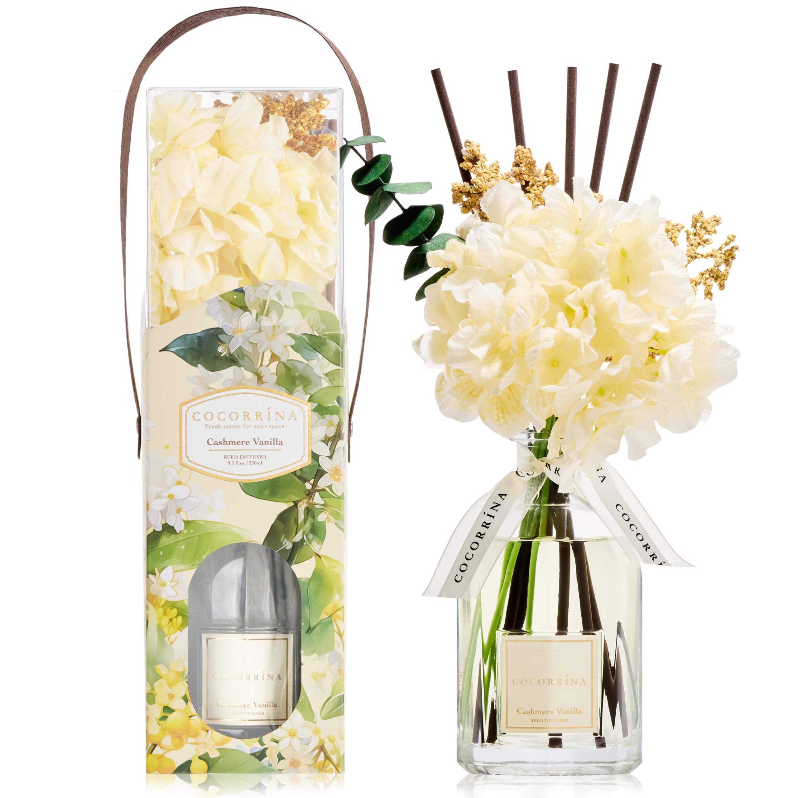 COCORRÍNA Cashmere Vanilla diffuser bottle with reeds for a warm, inviting room ambiance.