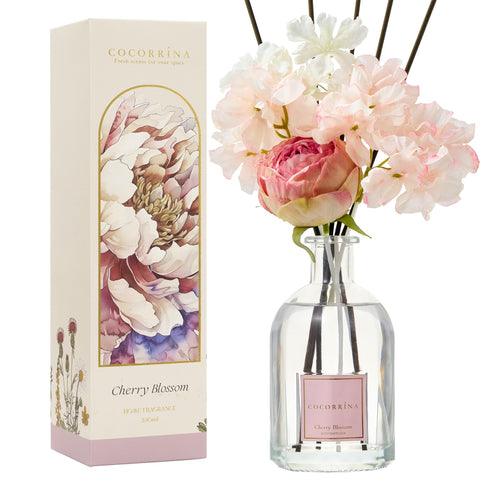 COCORRÍNA Cherry Bloom bottle diffuser adds a welcoming aroma to any room.