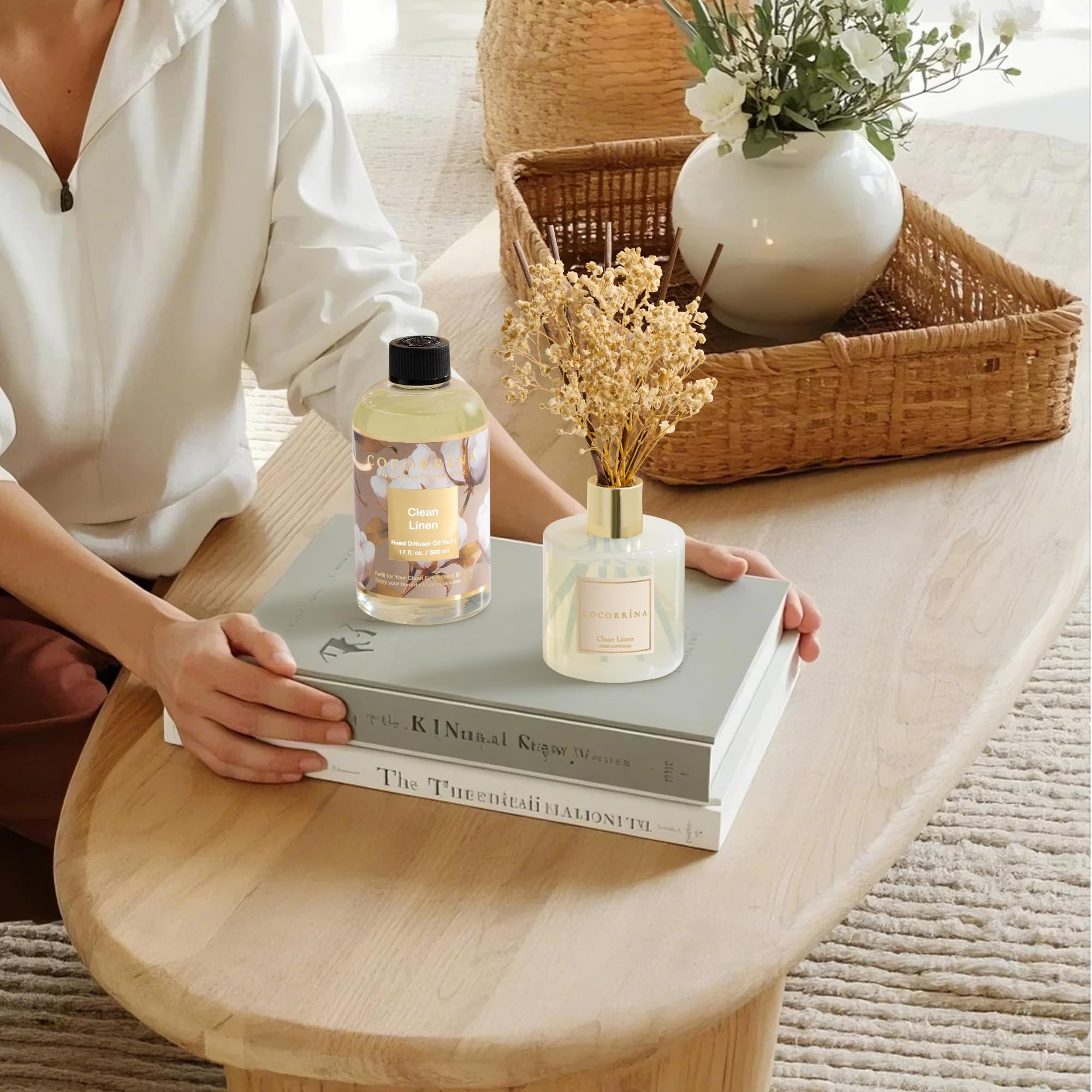 Cocorrina diffuser bottle label highlighting clean linen fragrance