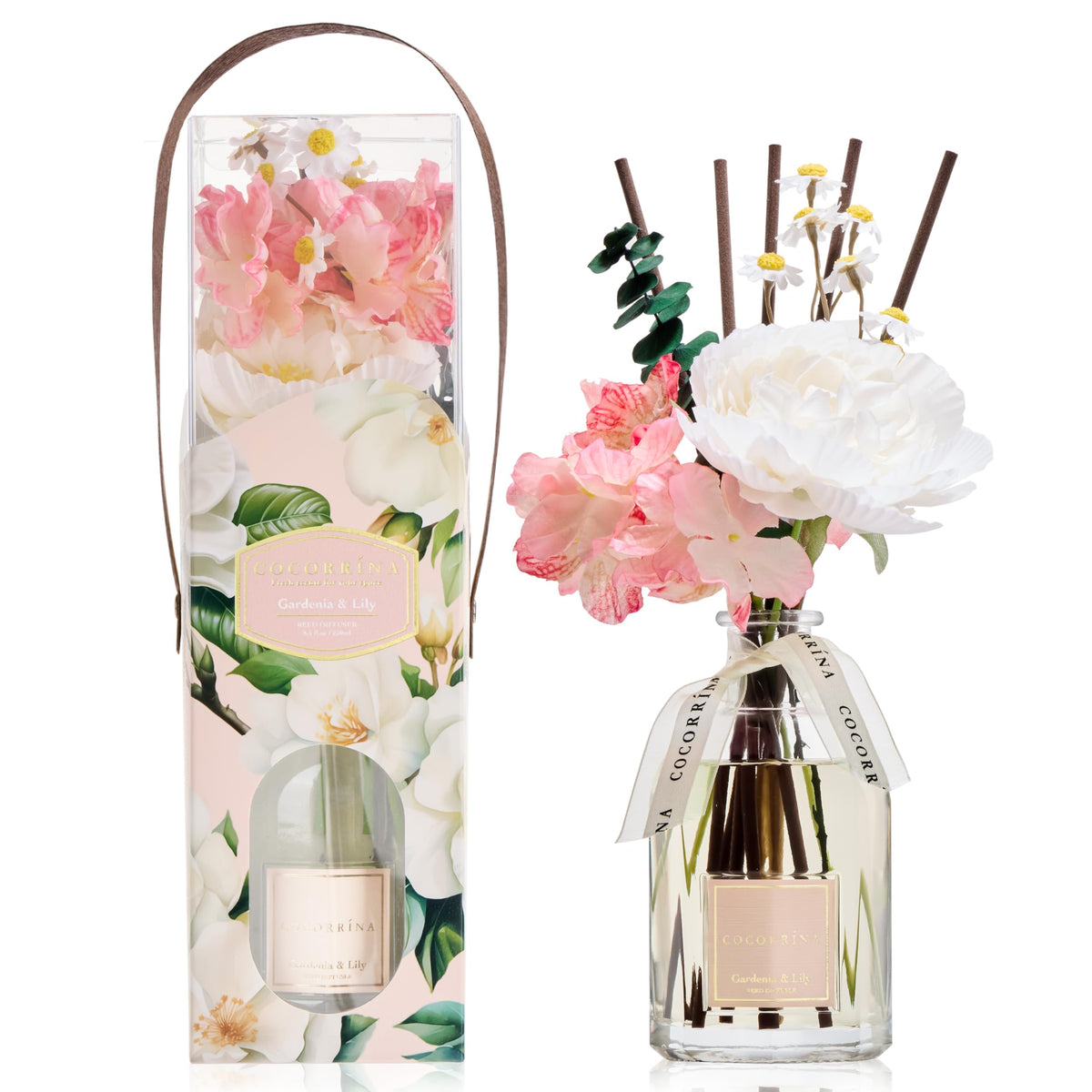 COCORRINA Gardenia & Lily reed diffuser bottle, an elegant focal point that freshens spaces