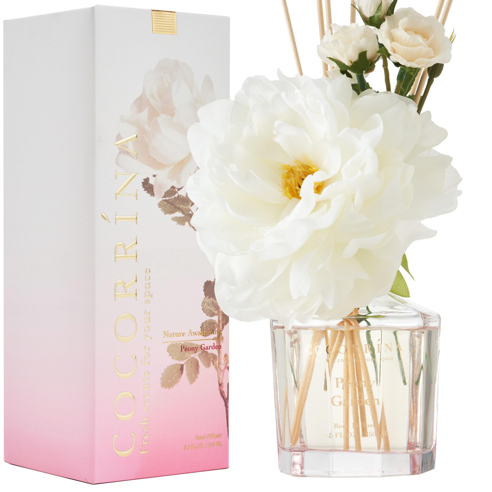 COCORRÍNA Peony Garden diffuser bottle adds a refined floral scent to any room