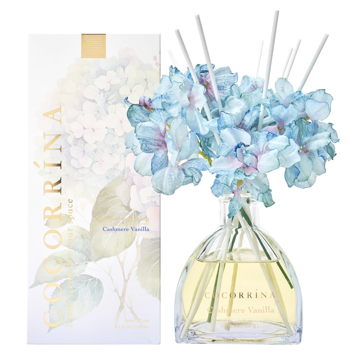 Cocorrina reed diffuser with cashmere vanilla scent on display for cozy ambiance.