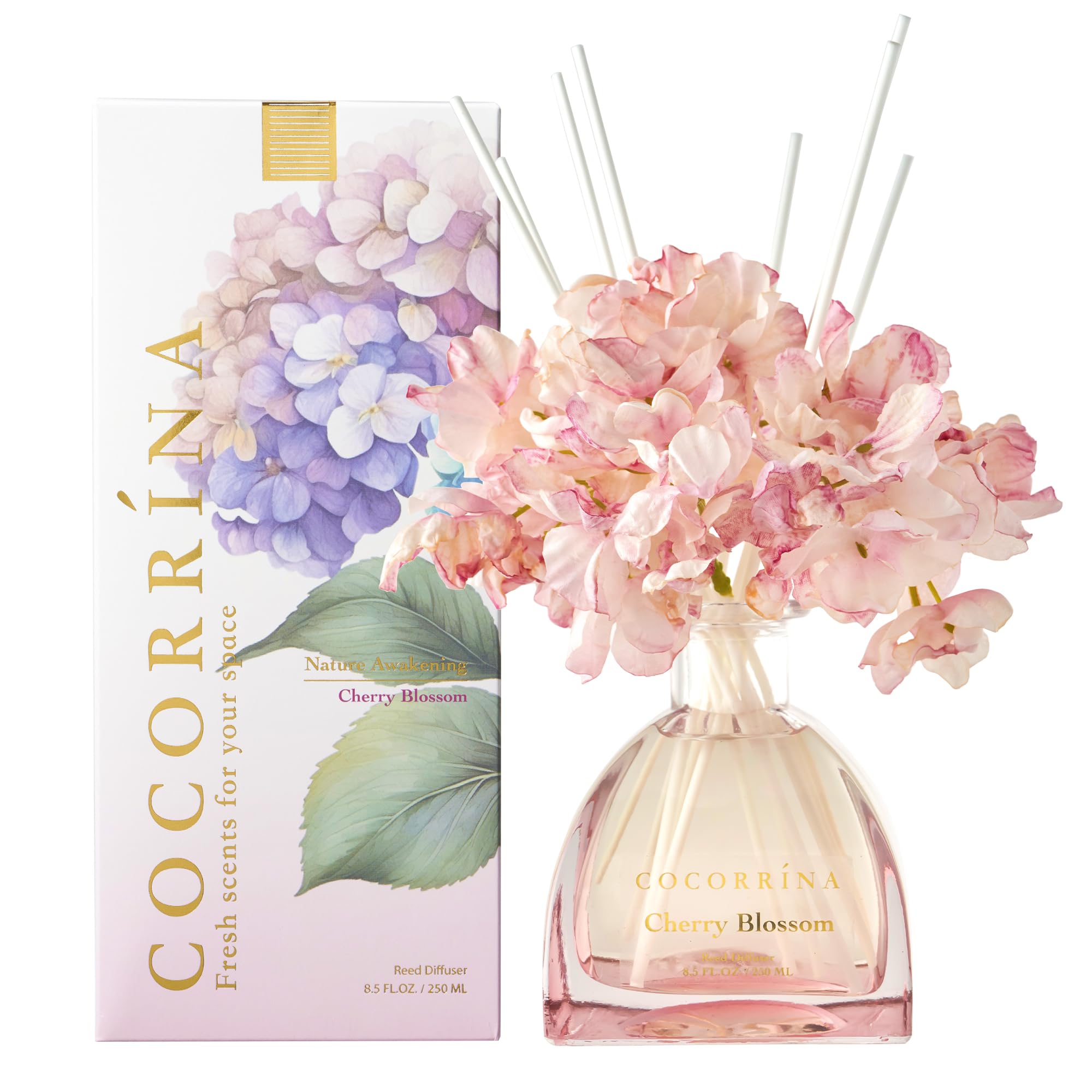 COCORRÍNA cherry blossom reed diffuser bottle for subtle, long-lasting home scent.