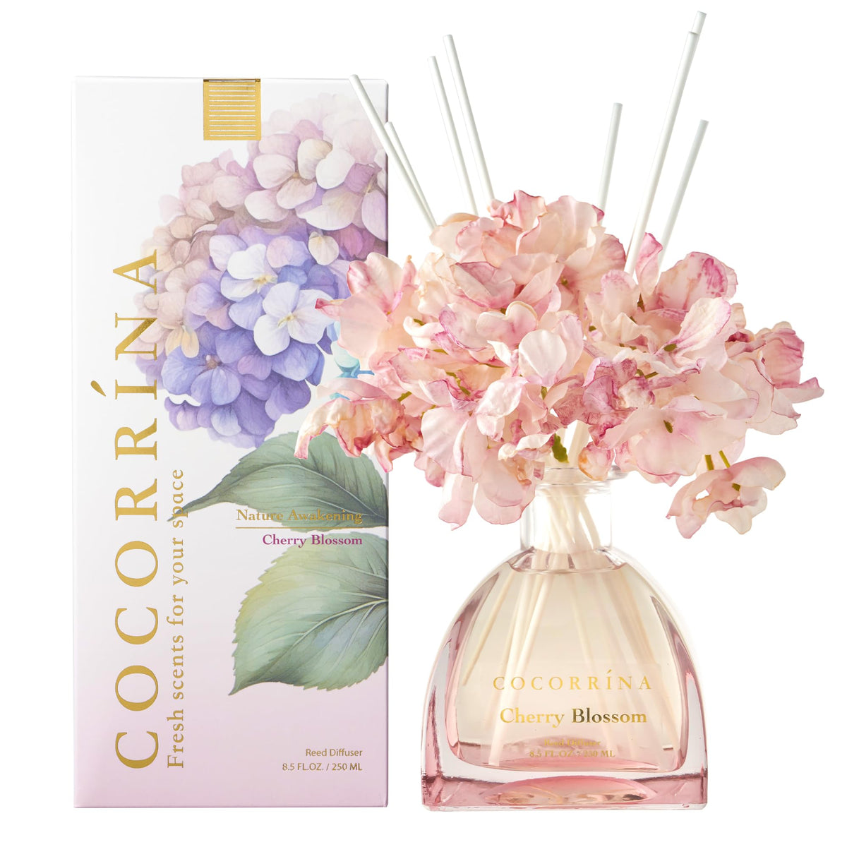 COCORRÍNA cherry blossom reed diffuser bottle for subtle, long-lasting home scent.
