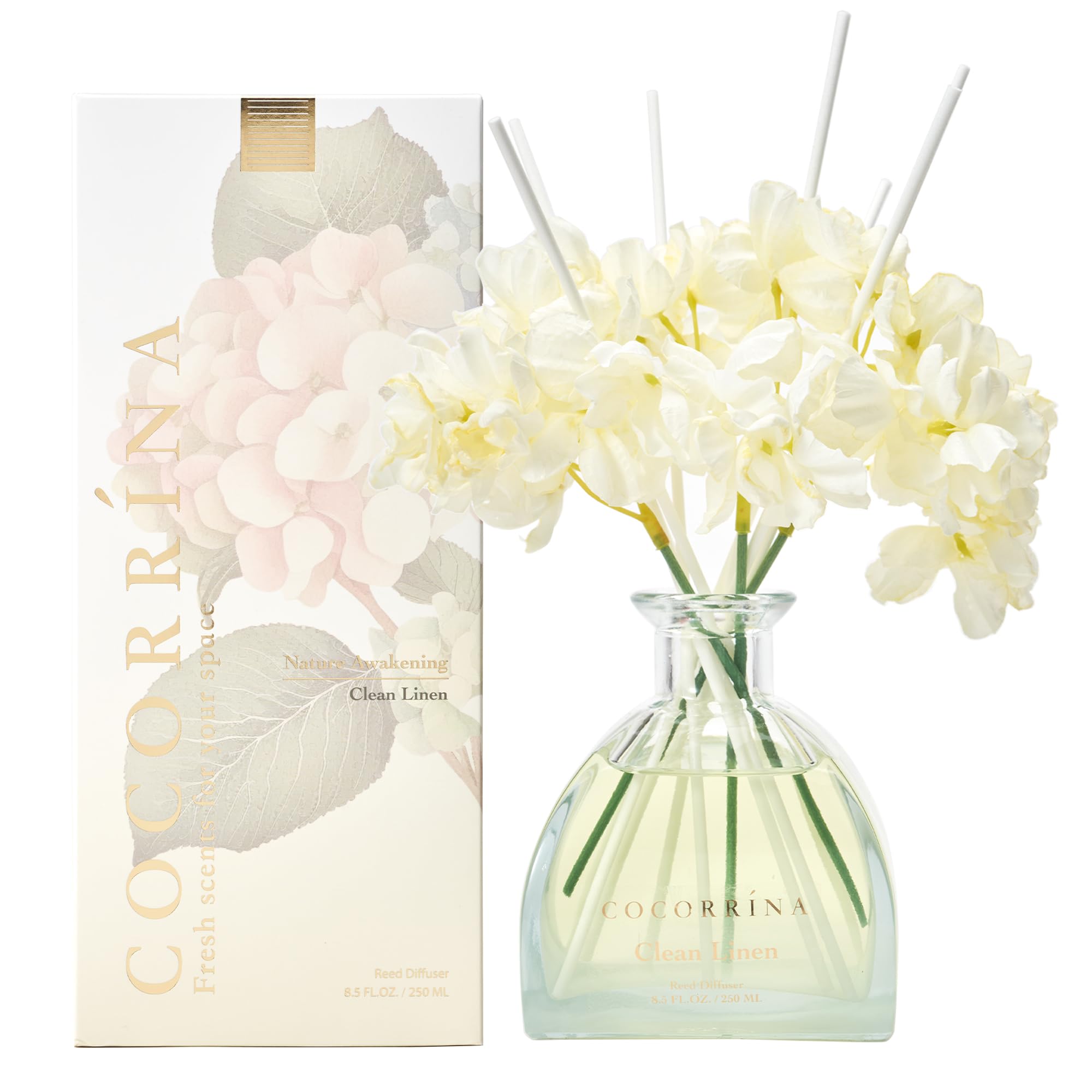 COCORRÍNA Clean Linen reed diffuser with 8 sticks for lasting room freshness.