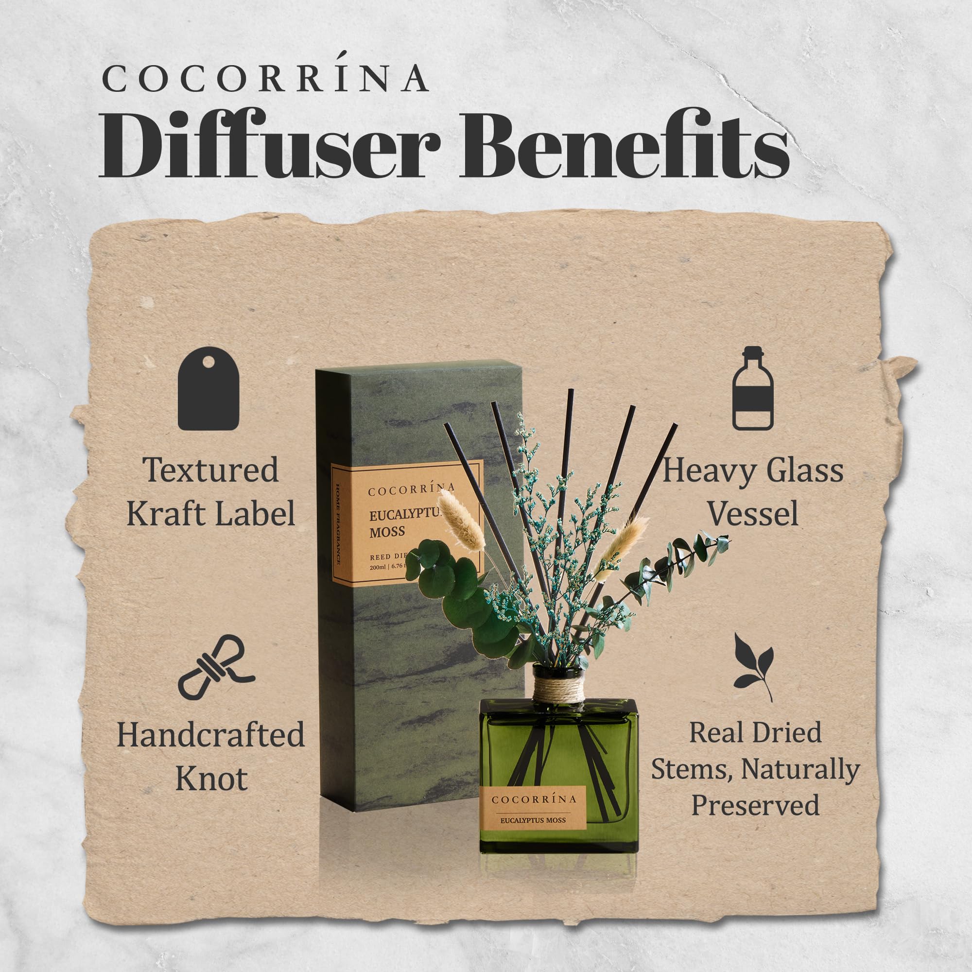COCORRÍNA reed diffuser close-up with dried flowers for natural decor.