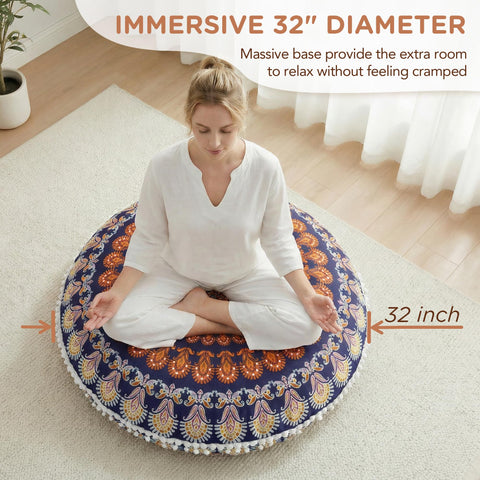 Codi boho mandala cover on round pillow enhances decor.