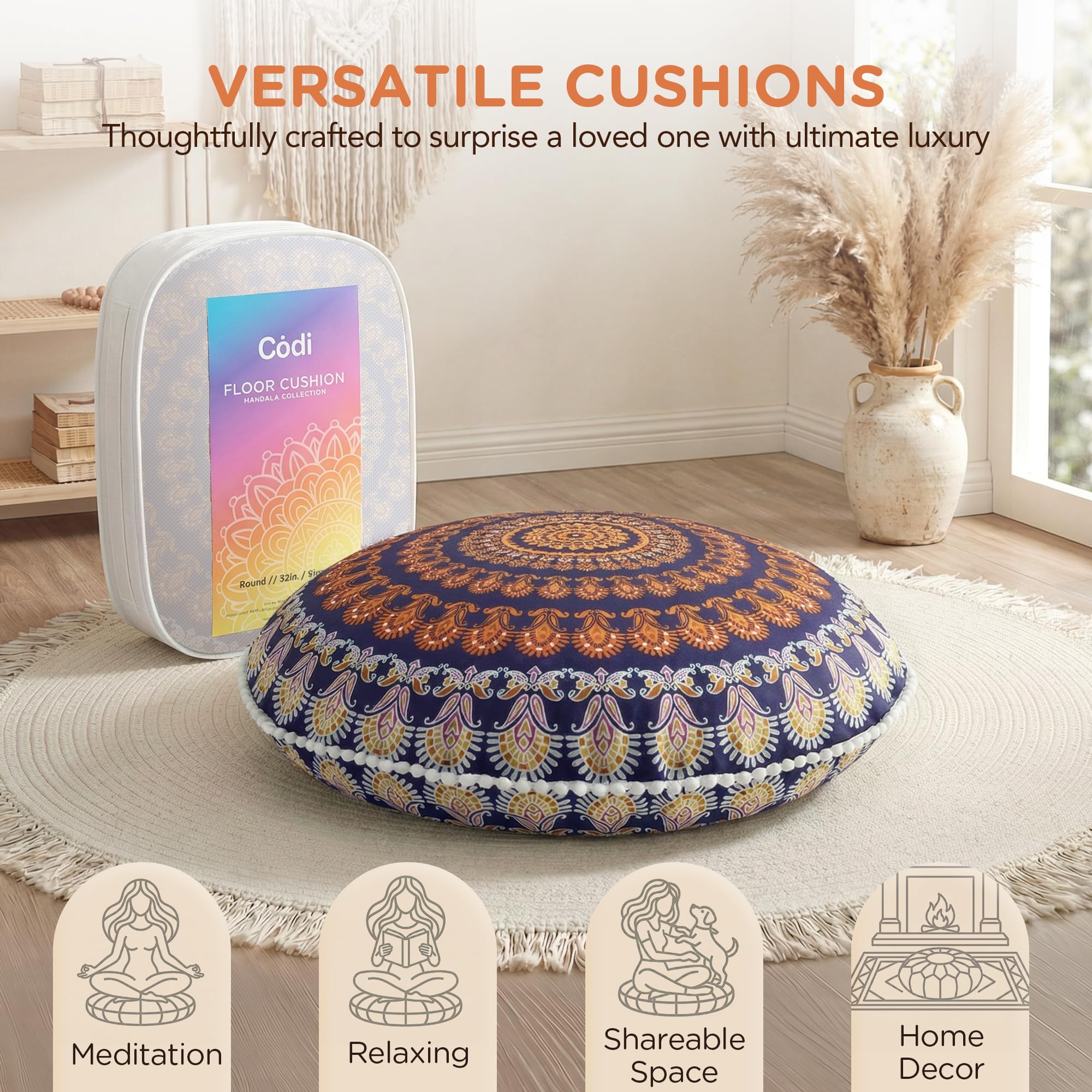 Codi yellow boho decor pillow adds bright ambiance.