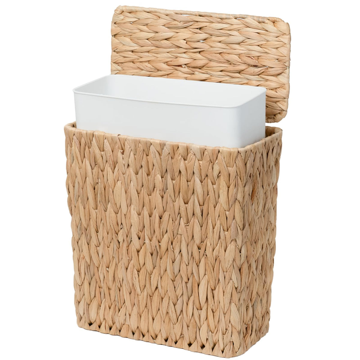 Coeusy 3 Gallon Wicker Trash Can with lid shown closed, space-saving design for tight baths