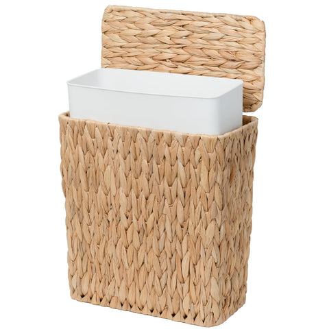 Coeusy 3 Gallon Wicker Trash Can with lid shown closed, space-saving design for tight baths
