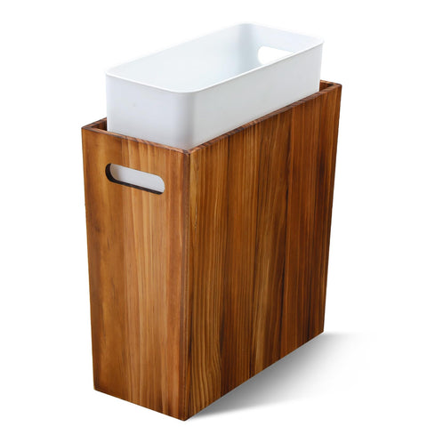 Coeusy 3 gallon wooden trash can with liner beside a bathroom sink for discreet waste.