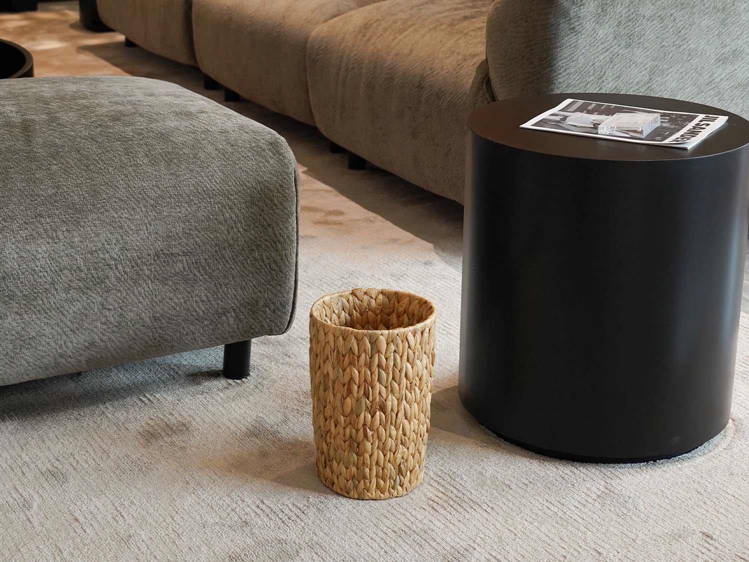 7.48-inch diameter Coeusy wicker trash can in a compact bathroom setup.