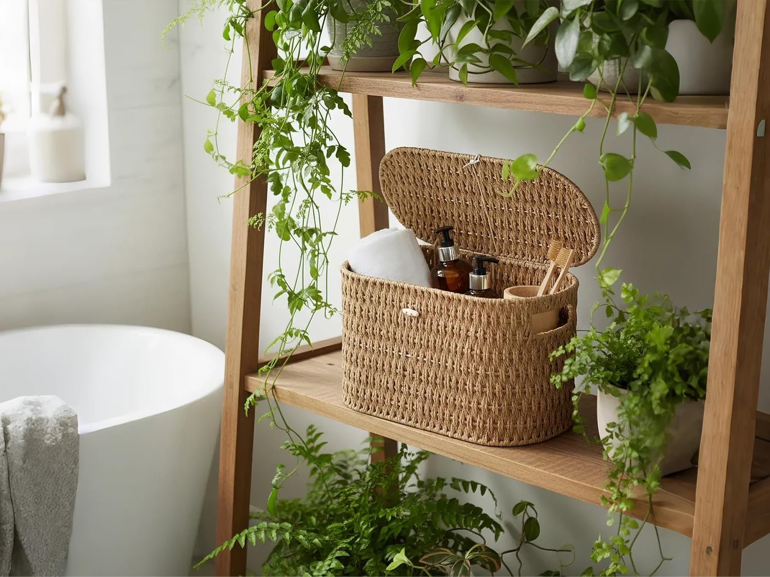 Coeusy basket on shelf helps organize towels, toys, or magazines.