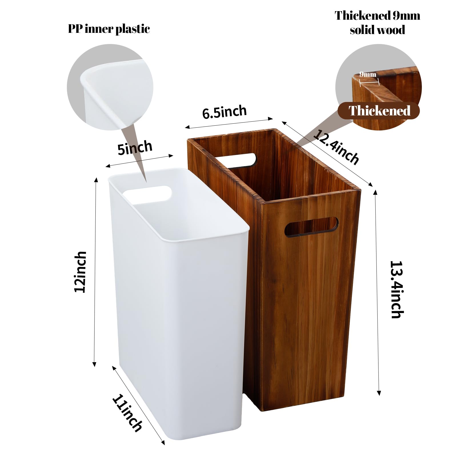 Decorative wood trash bin elevates home decor.