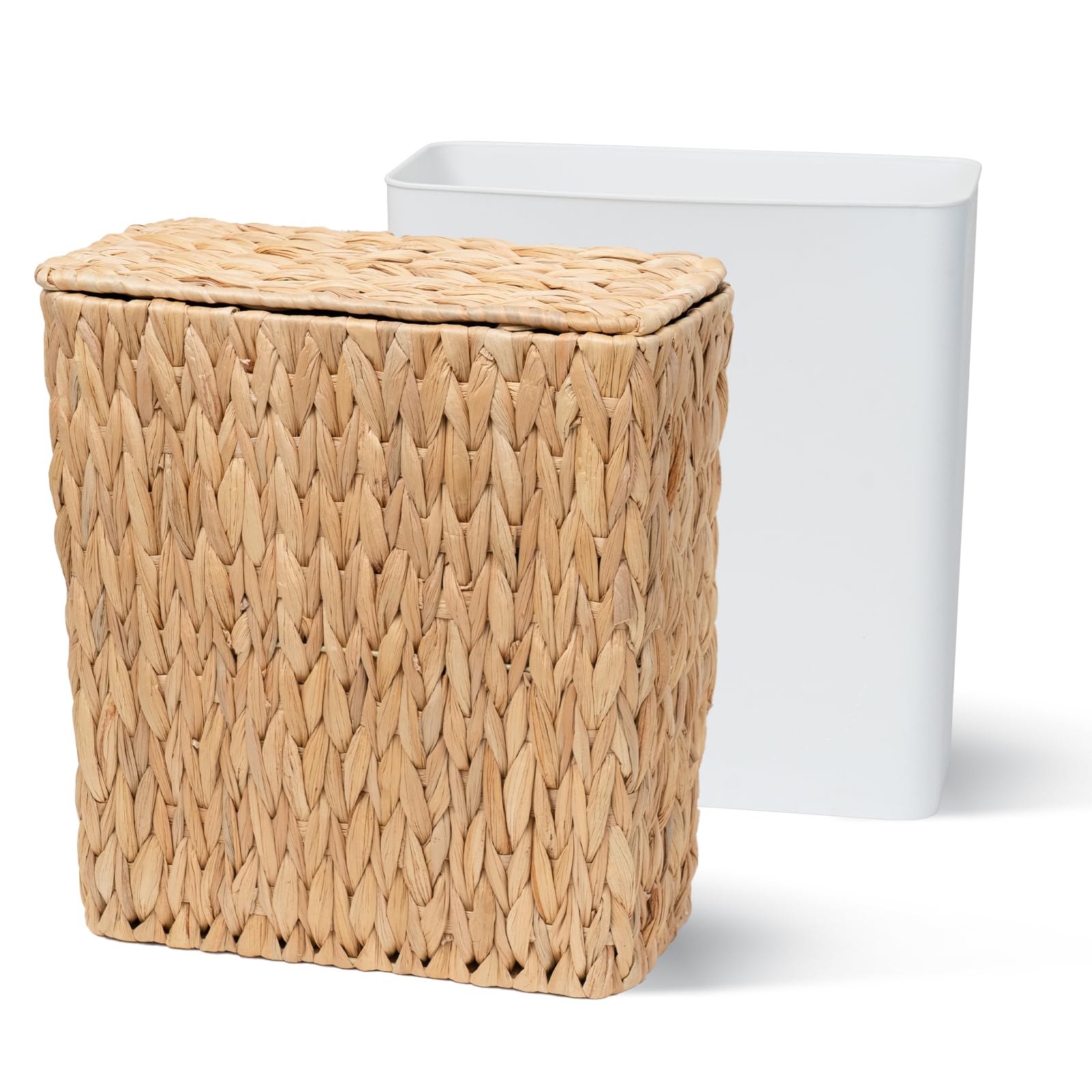 Coeusy natural finish wicker bin near sofa complements macrame and linens