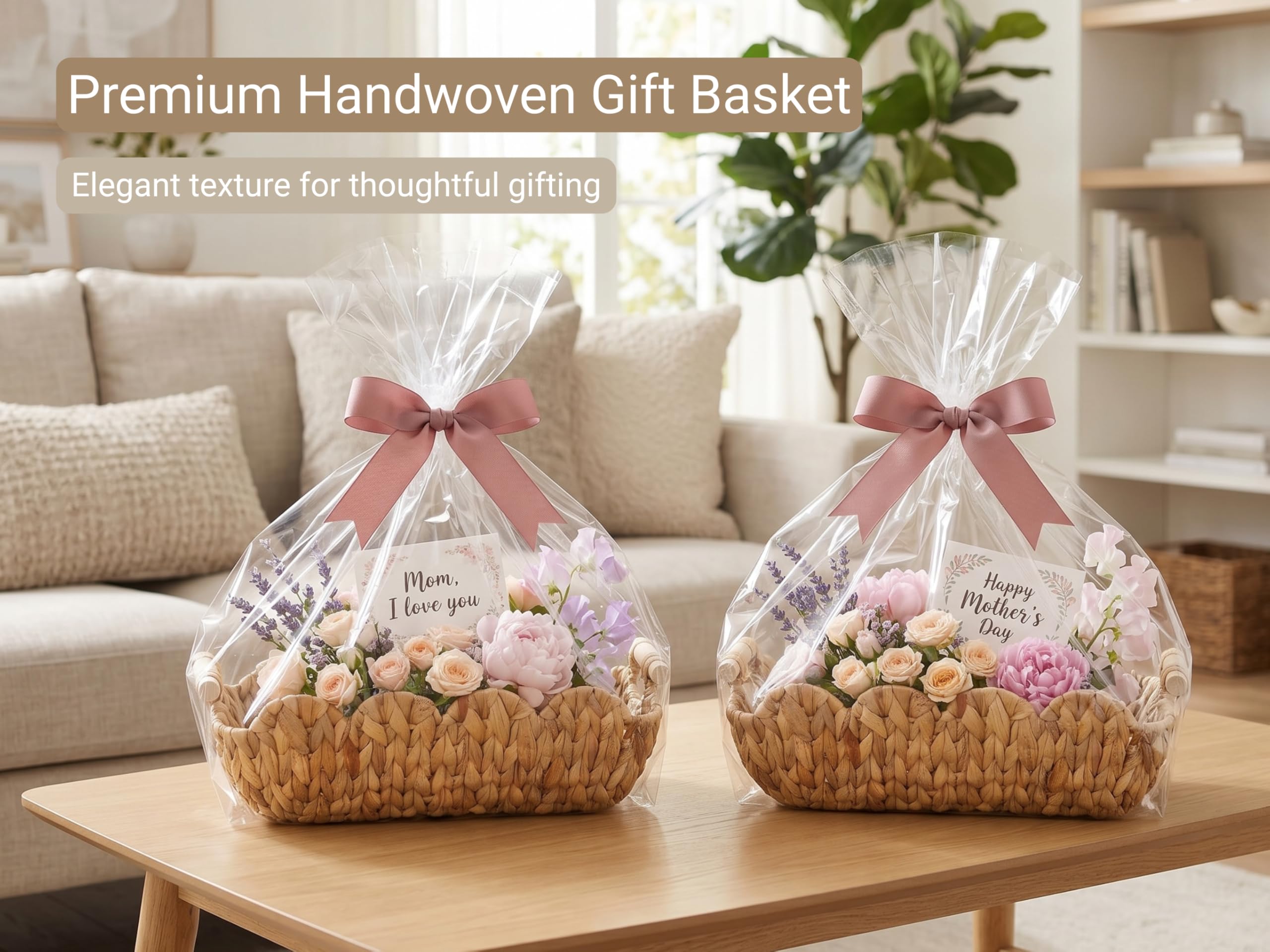 Coeusy natural water hyacinth basket with wooden handles for easy transport