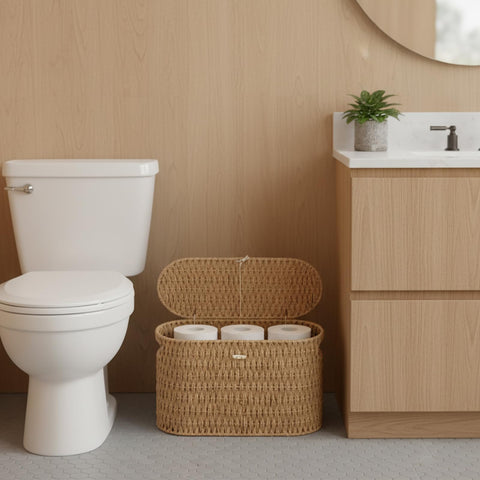 Coeusy paper rope basket hand-woven texture for bathroom organization.