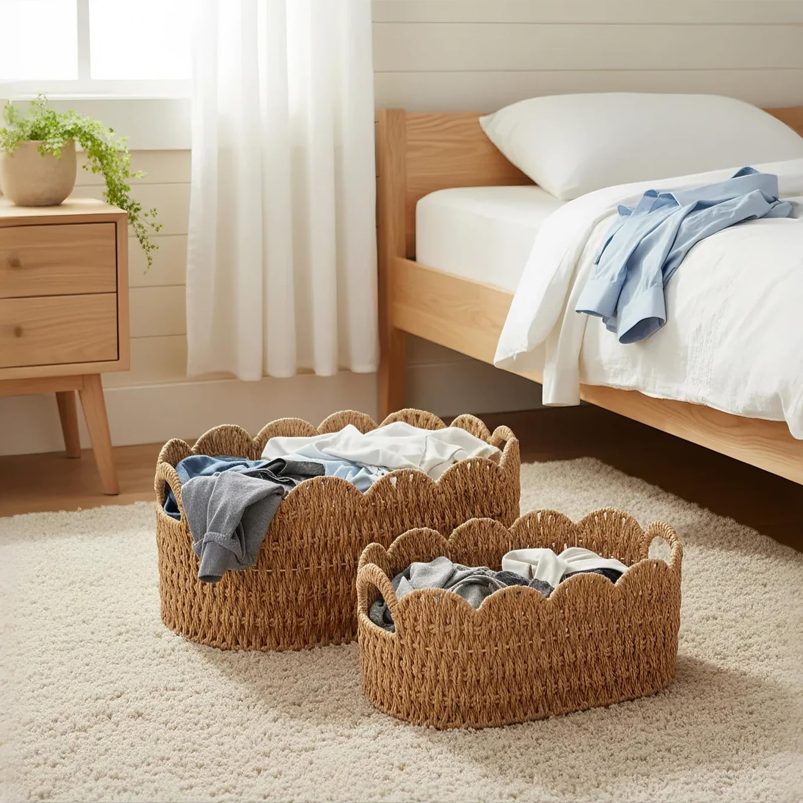 Coeusy decor basket on shelf, adds rustic boho charm.