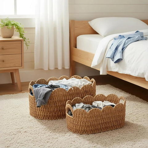 Coeusy decor basket on shelf, adds rustic boho charm.