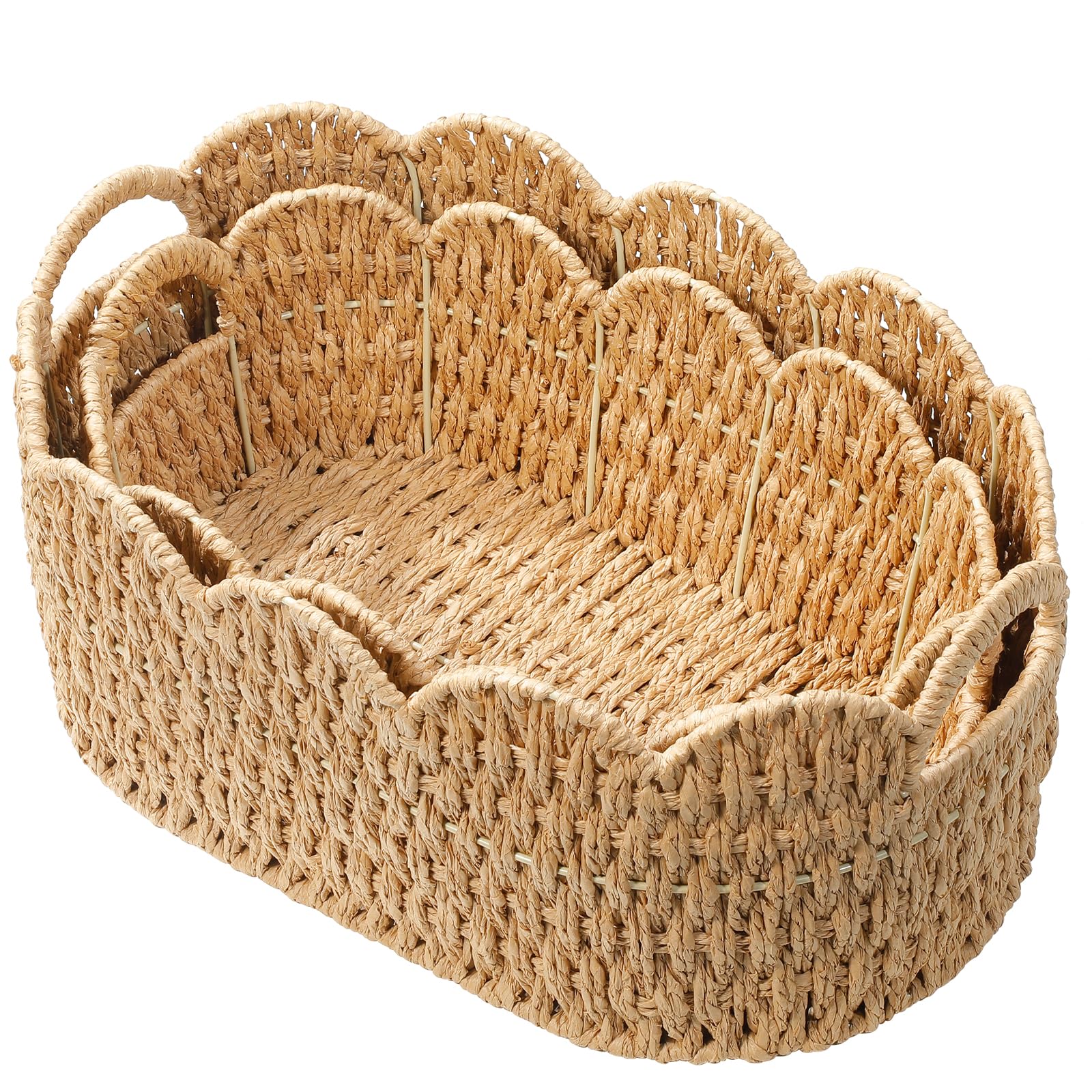 Coeusy paper rope scalloped basket large front view, ideal for shelf organization.