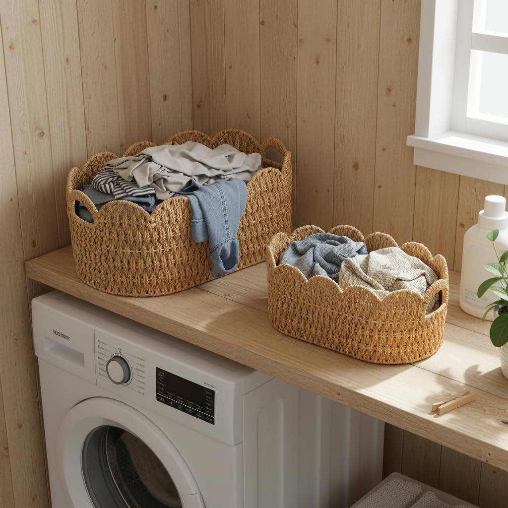 Coeusy paper rope scalloped basket large side view, easy to carry.