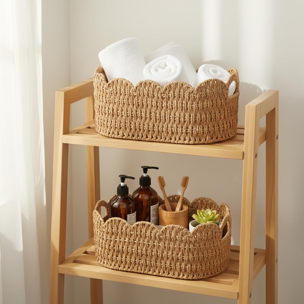 Coeusy paper rope scalloped basket medium front view, perfect for remotes and magazines.