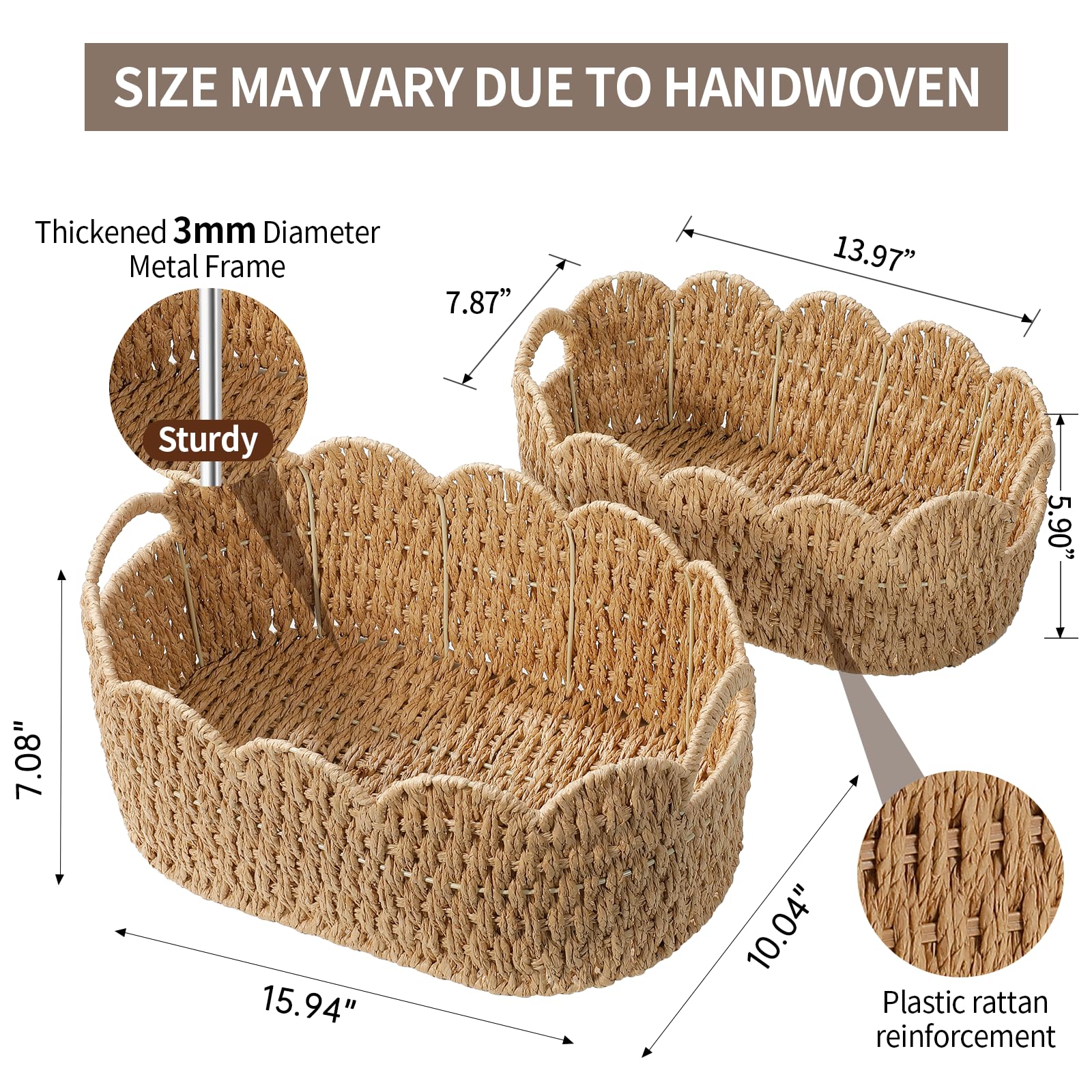 Coeusy paper rope scalloped basket medium side view, versatile kitchen organizer.