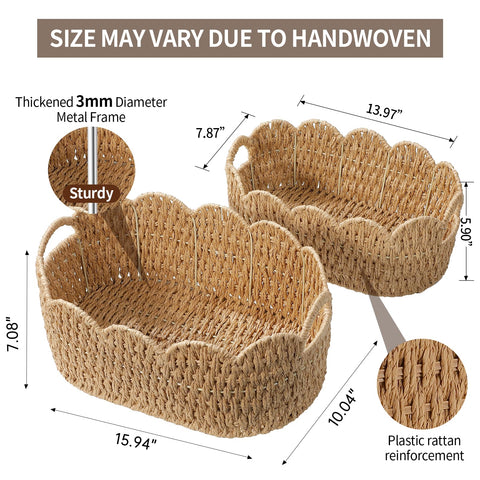 Coeusy paper rope scalloped basket medium side view, versatile kitchen organizer.