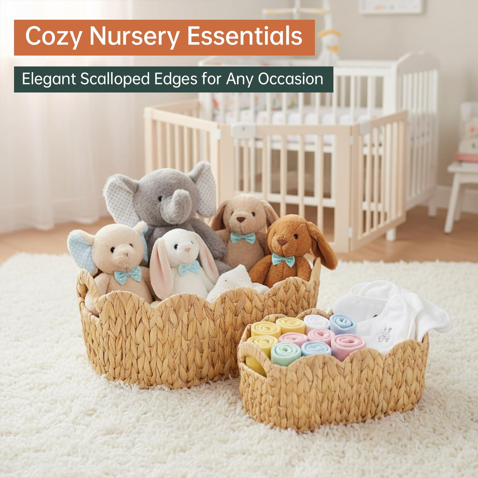 Scalloped edge basket by Coeusy adds rustic charm to shelves