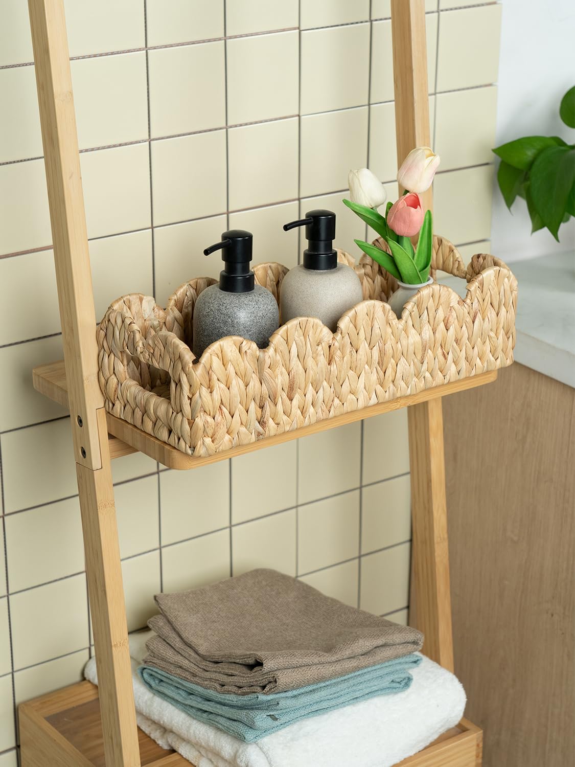 Coeusy scalloped-edge decor basket adds boho farmhouse charm.