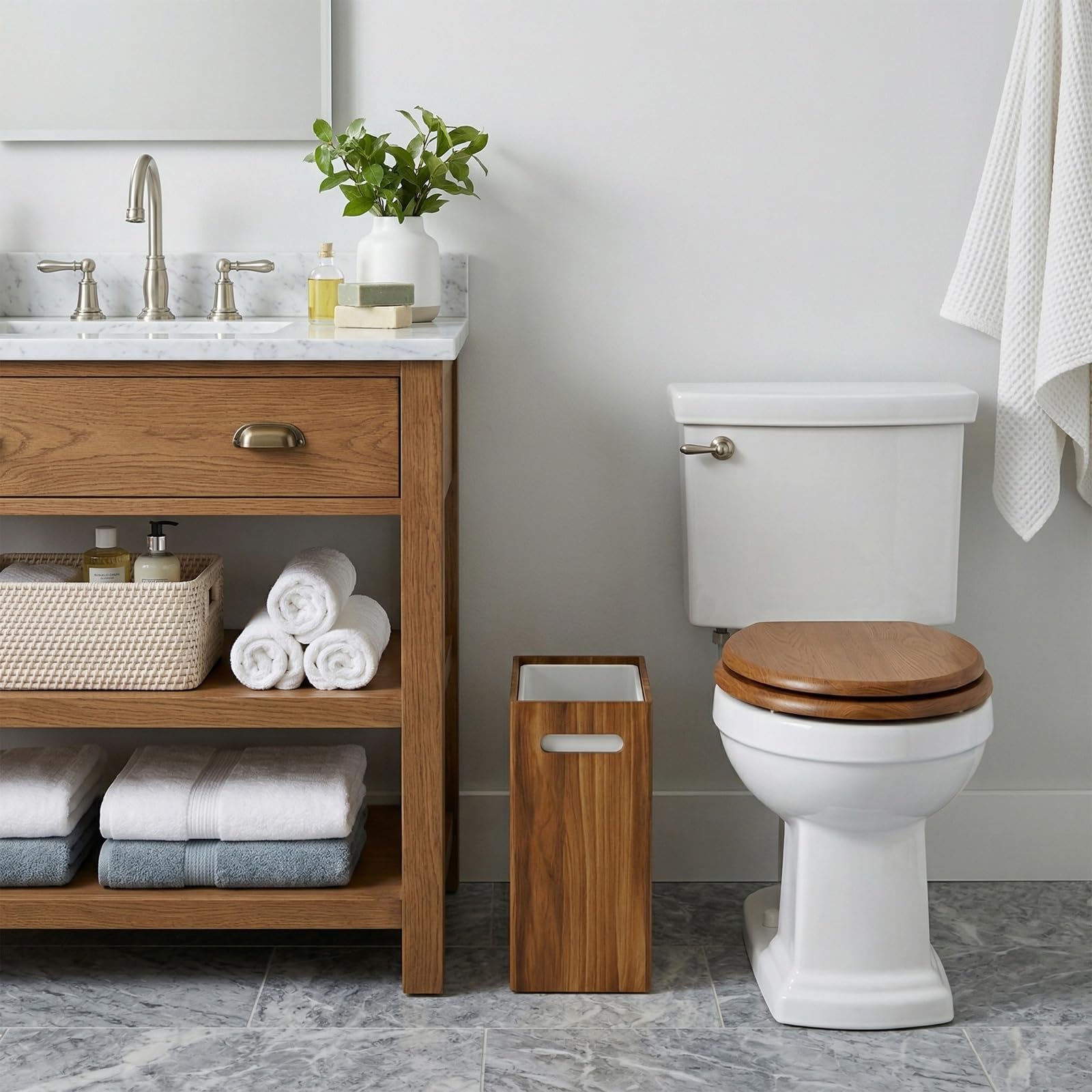 Coeusy slim profile wooden trash can fits tight corner in bathroom or bedroom.