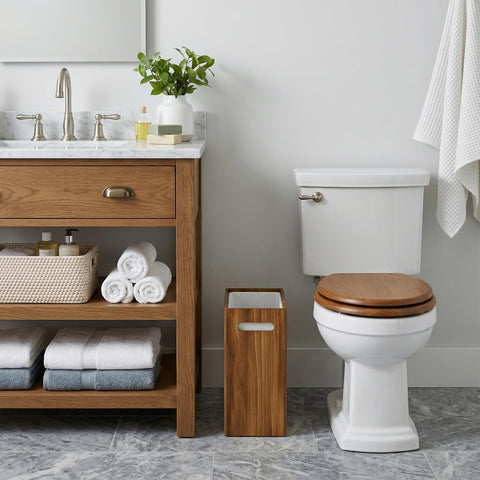Coeusy slim profile wooden trash can fits tight corner in bathroom or bedroom.
