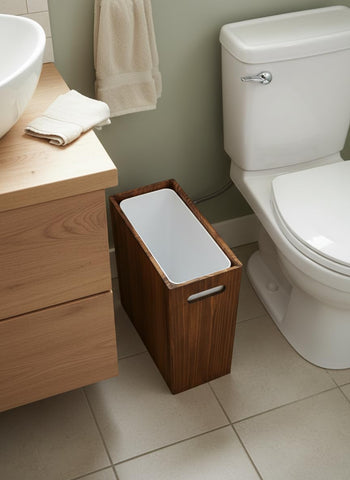 Solid pine trash bin with wood grain adds farmhouse charm.