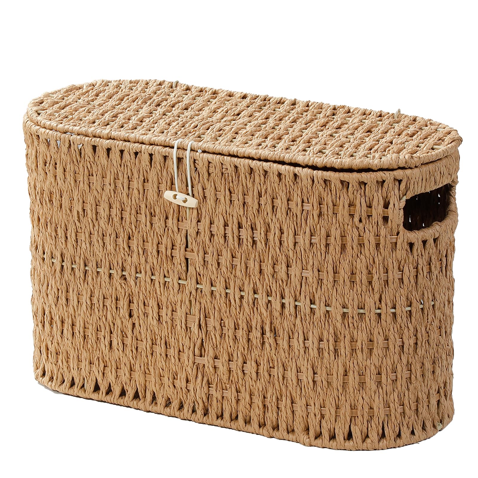 Coeusy toilet paper basket with lid for dust-free storage.