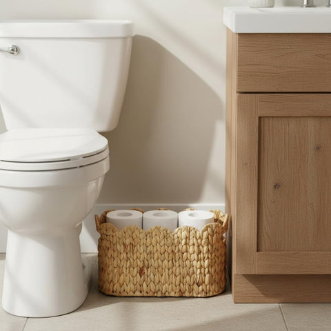 Coeusy toilet paper storage basket close-up showing scalloped edge adds texture