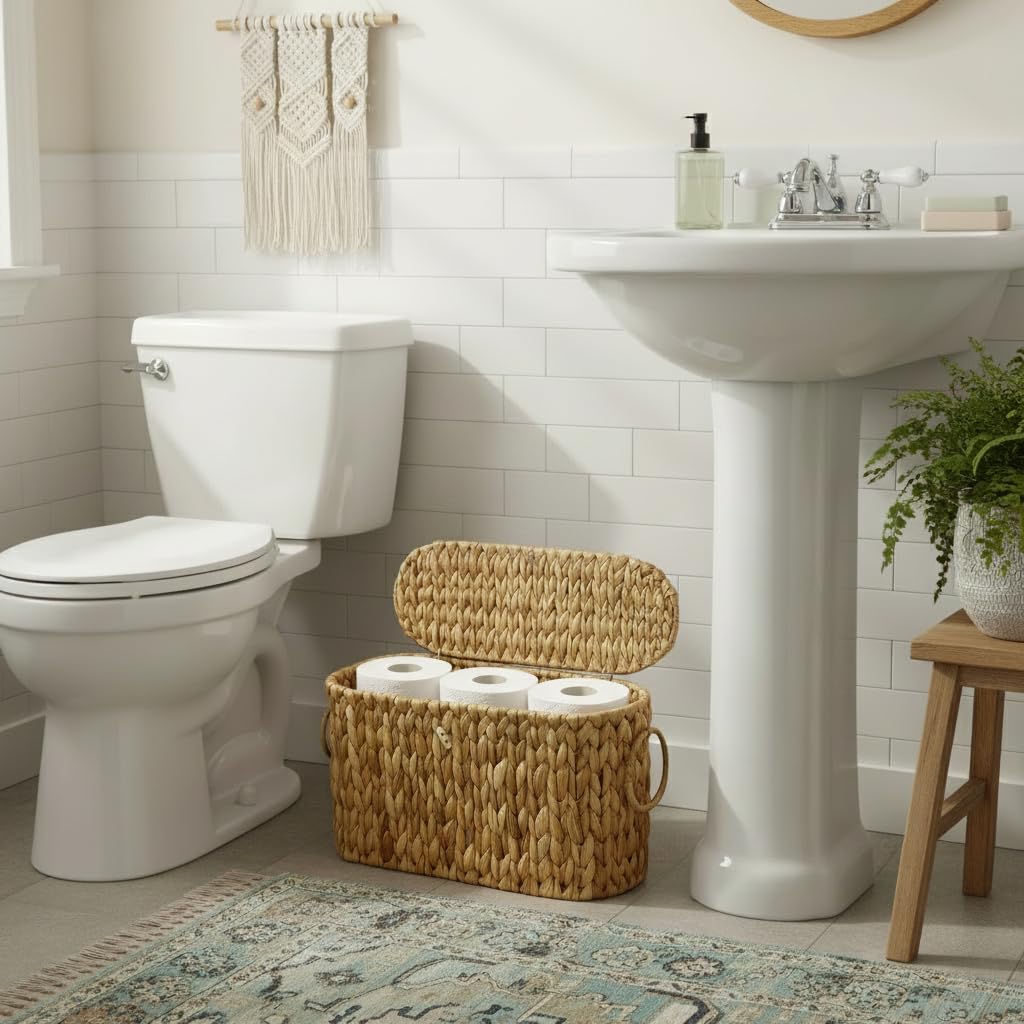 Coeusy wicker bathroom organizer showcases natural water hyacinth for eco-friendly storage.